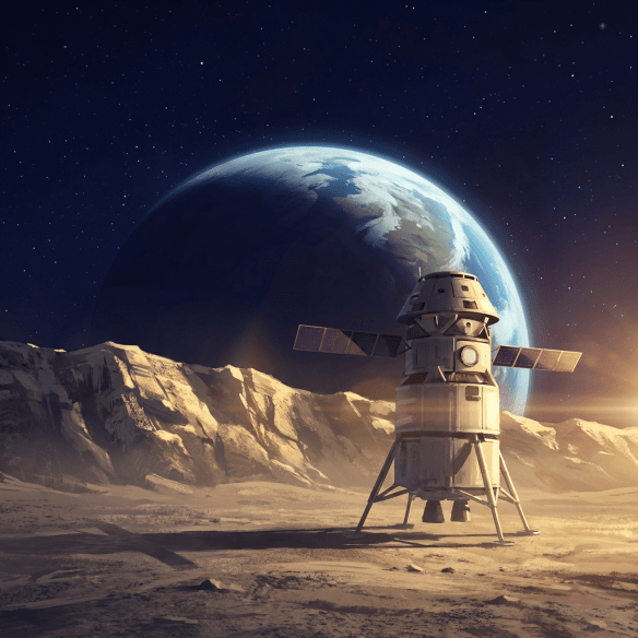 A lunar lander sits on a rocky surface with a large Earth in the sky.